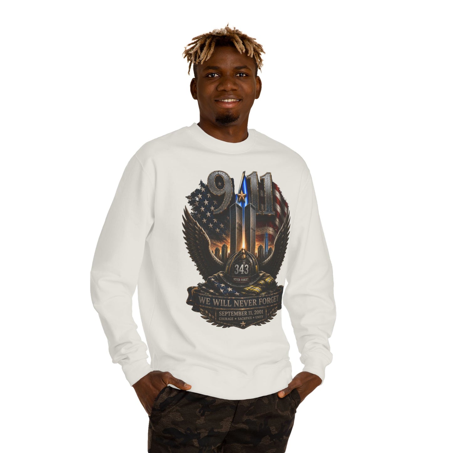 9/11 We Will Never Forget Crewneck Sweatshirt – Memorial Tribute