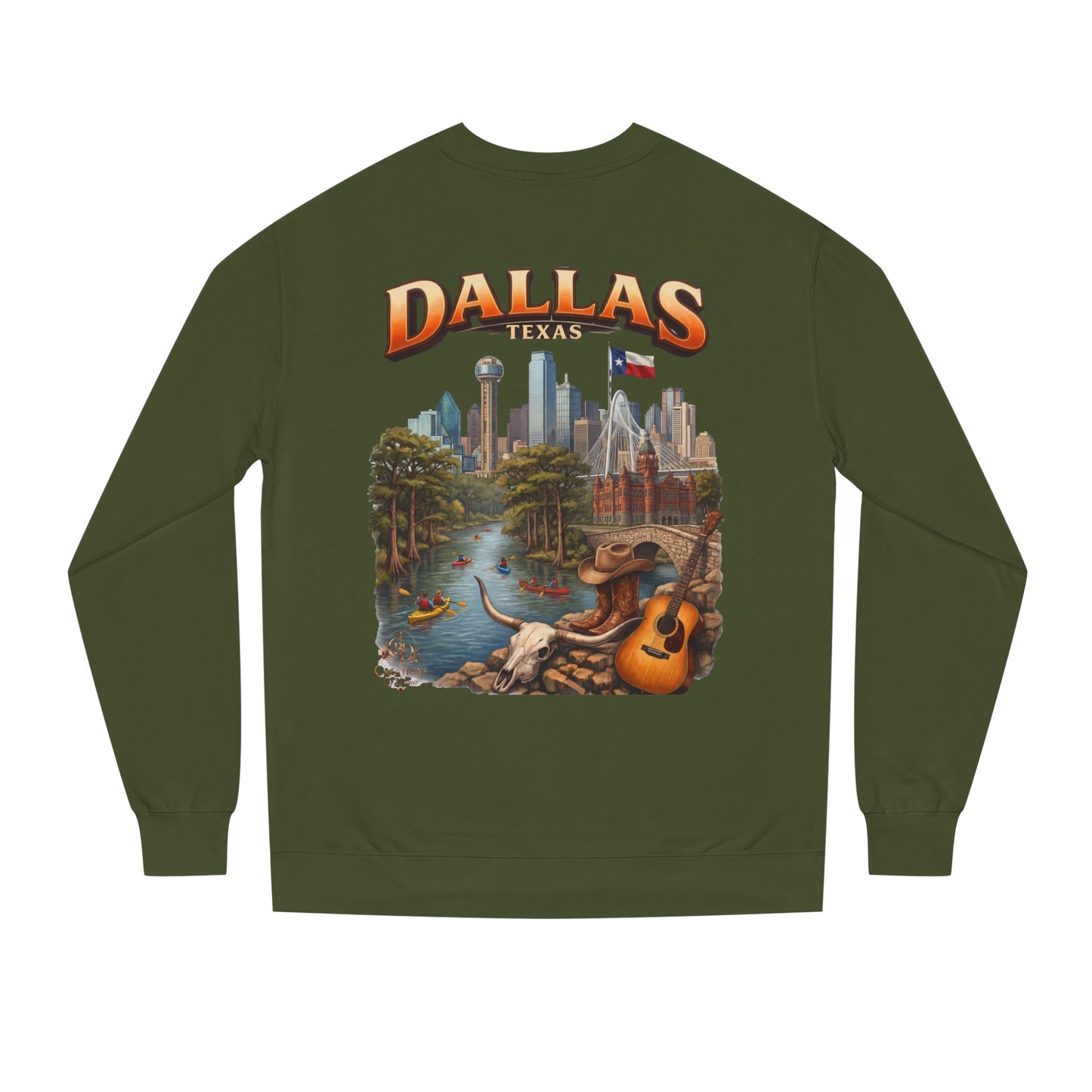 Dallas Skyline Crewneck Sweatshirt — Texas Cityscape & Acoustic Guitar Design