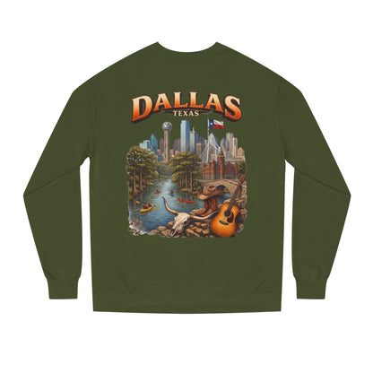 Dallas Skyline Crewneck Sweatshirt — Texas Cityscape & Acoustic Guitar Design