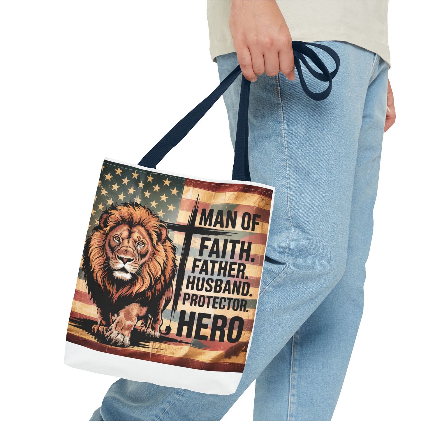 Tote — "Man of Faith, Father, Husband, Protector, Hero" Patriotic Lion Tote