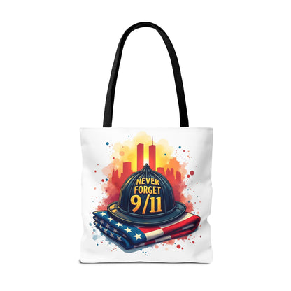 Never Forget 9/11 Memorial Tote Bag — Firefighter Helmet & Flag Tribute