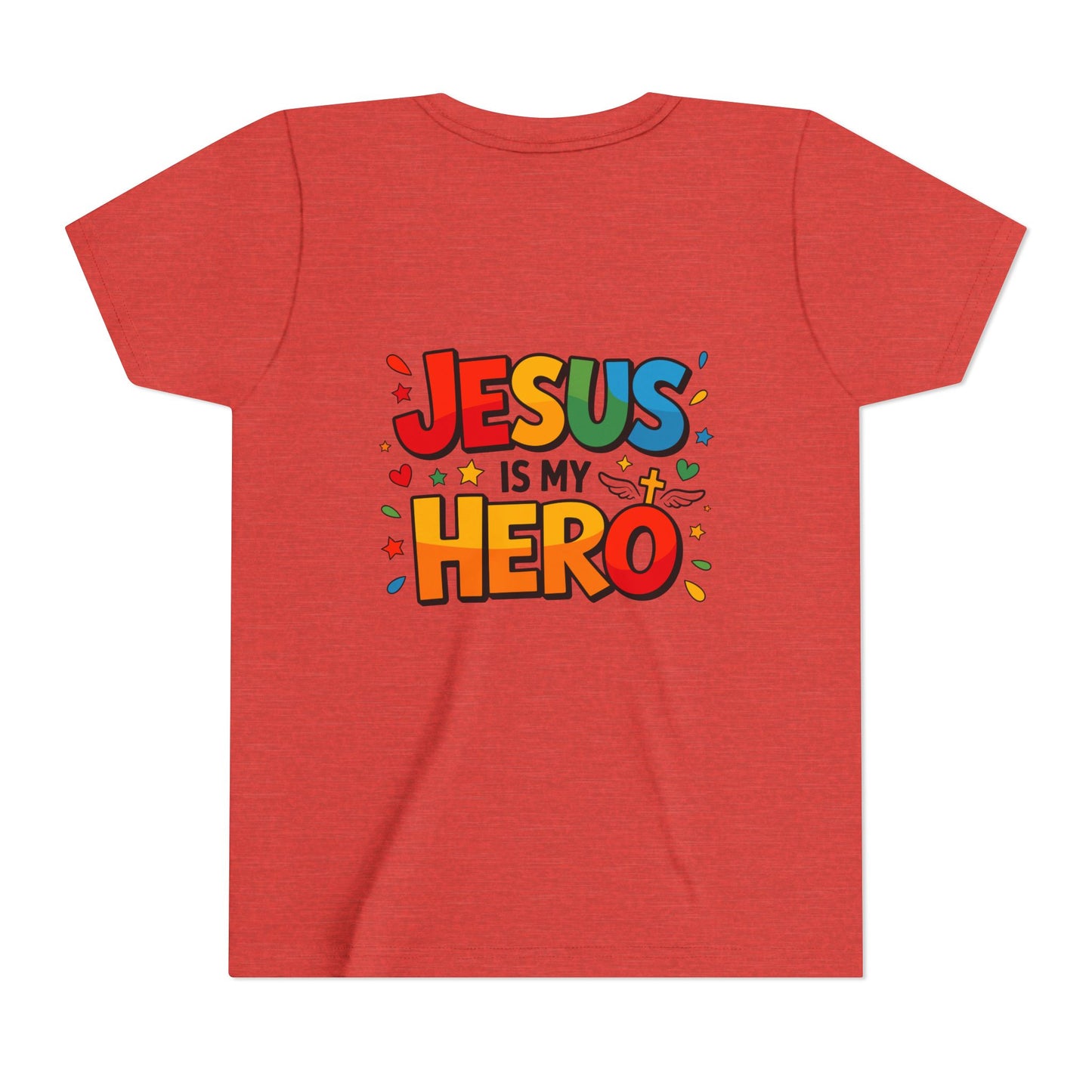 Youth Tee — "Jesus Is My Hero" Colorful Kids Christian T-Shirt