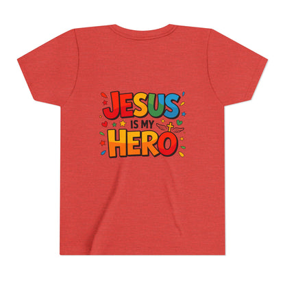 Youth Tee — "Jesus Is My Hero" Colorful Kids Christian T-Shirt