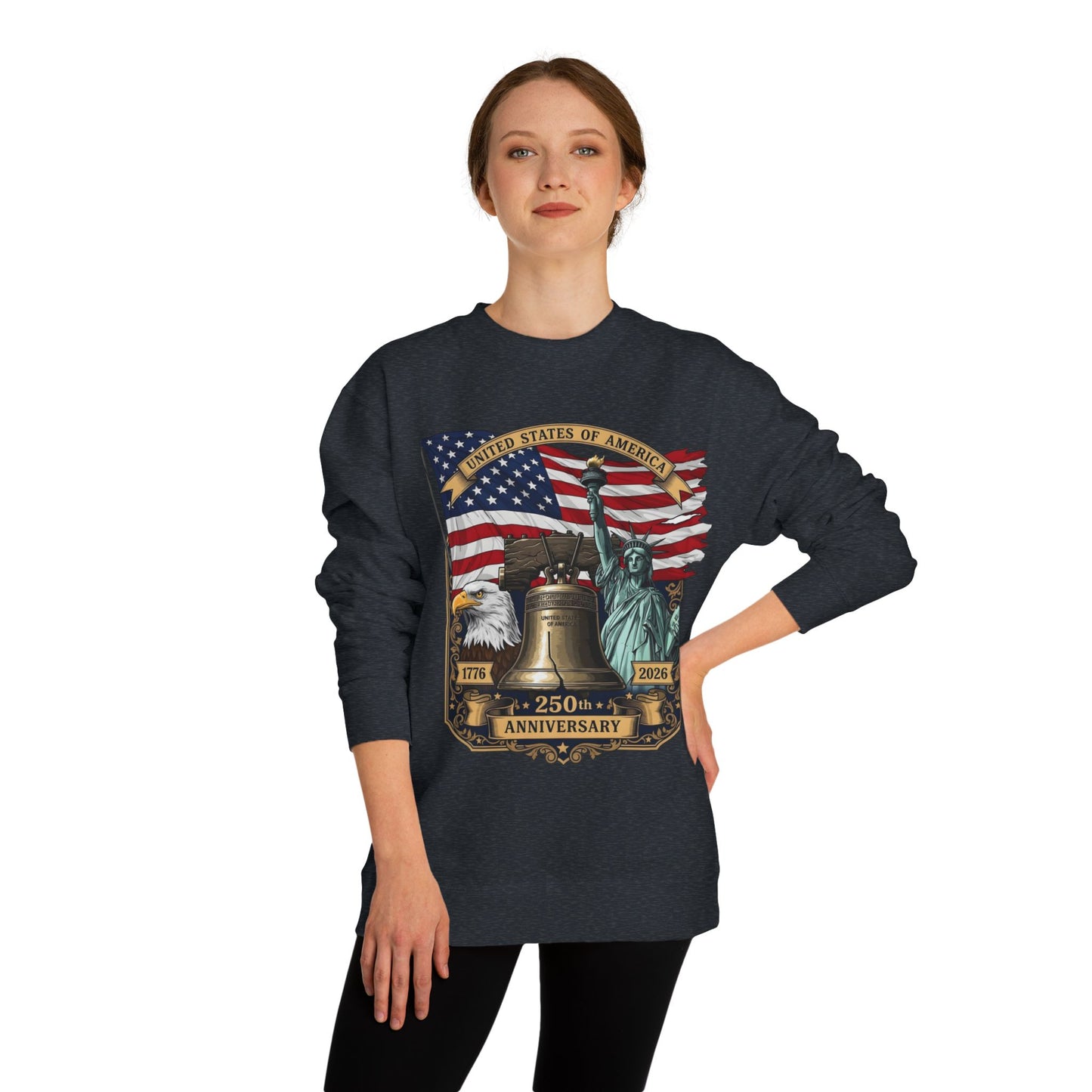Liberty 250th Anniversary Sweatshirt — USA Flag, Statue of Liberty & Liberty Bell Design