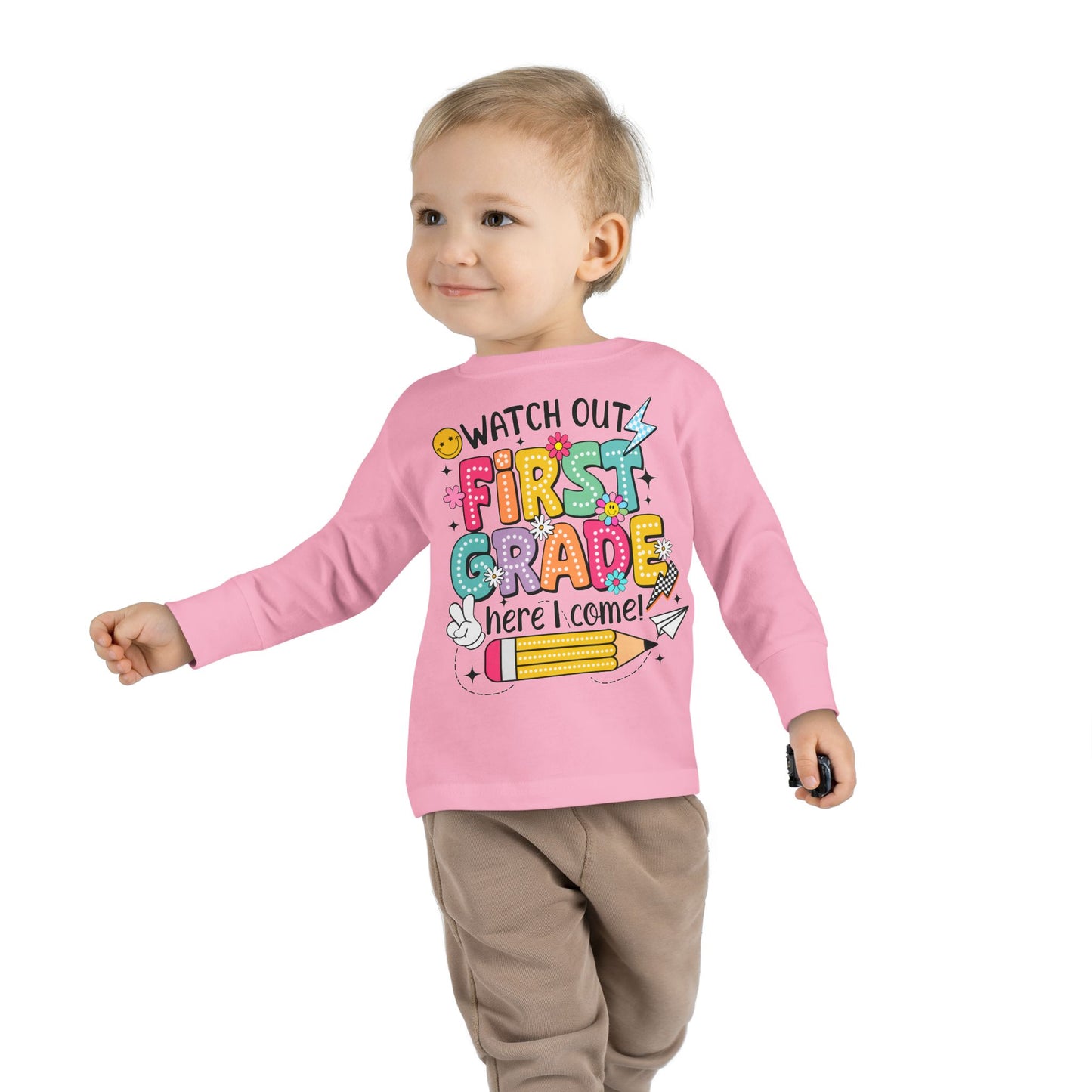 Toddler Long Sleeve Tee — "Watch Out First Grade Here I Come" Back-to-School Shirt
