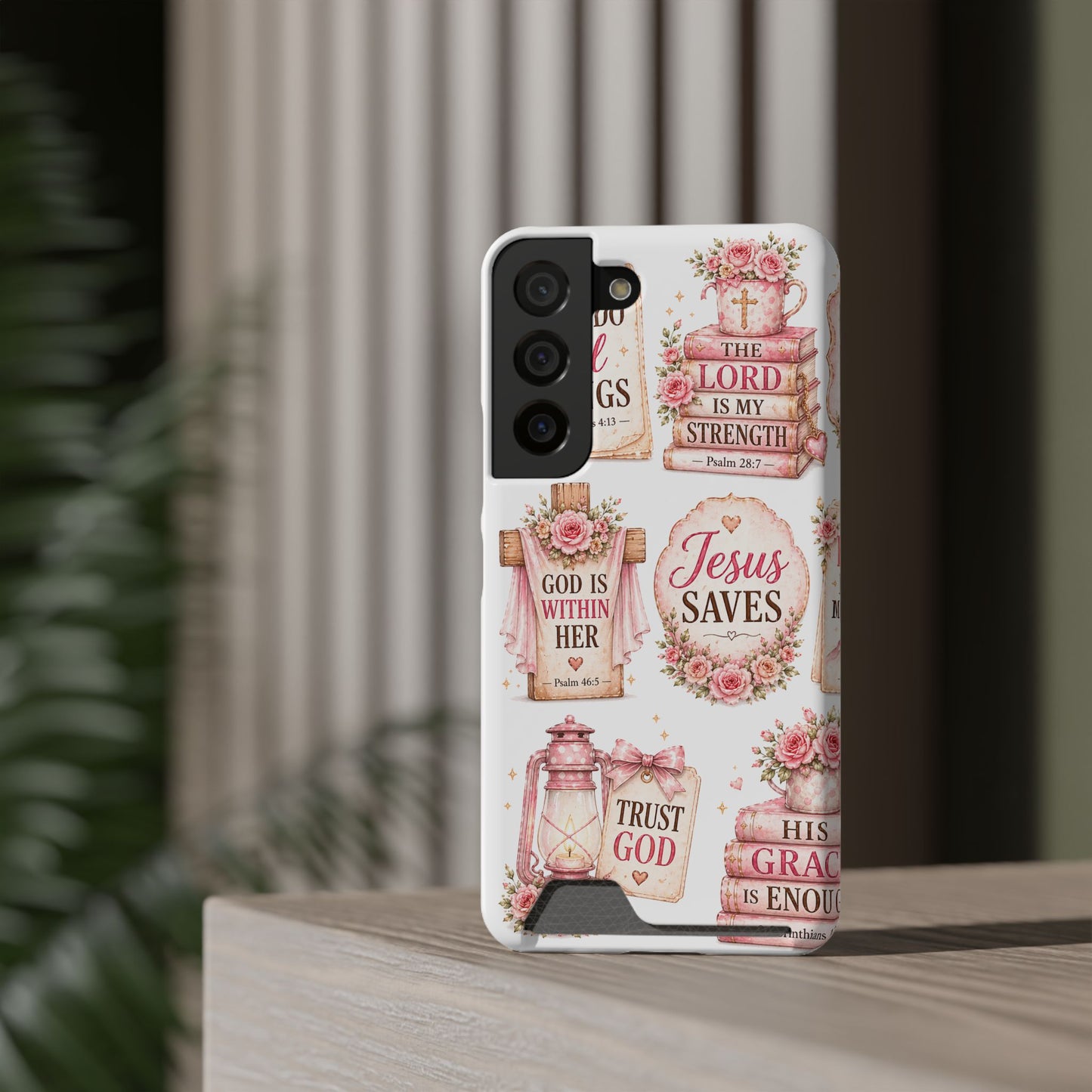 Christian Floral Phone Case with Card Holder — 'Jesus Saves' Inspirational Design