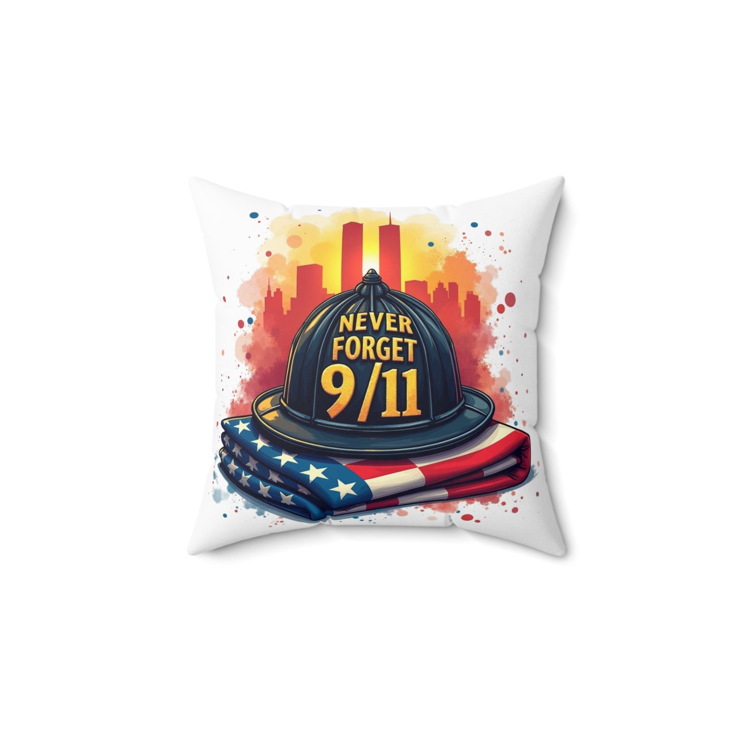 Never Forget 9/11 Memorial Throw Pillow — Firefighter Helmet & American Flag