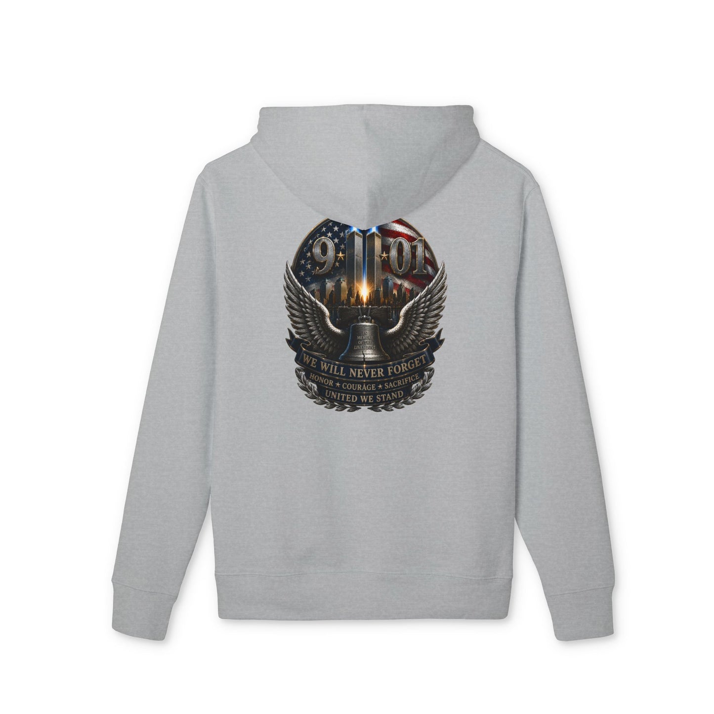 9/11 Never Forget Hoodie — Memorial American Flag Skull Design