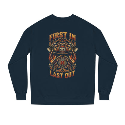 Firefighter Crewneck Sweatshirt — "First In, Last Out" Vintage Fire Department Design