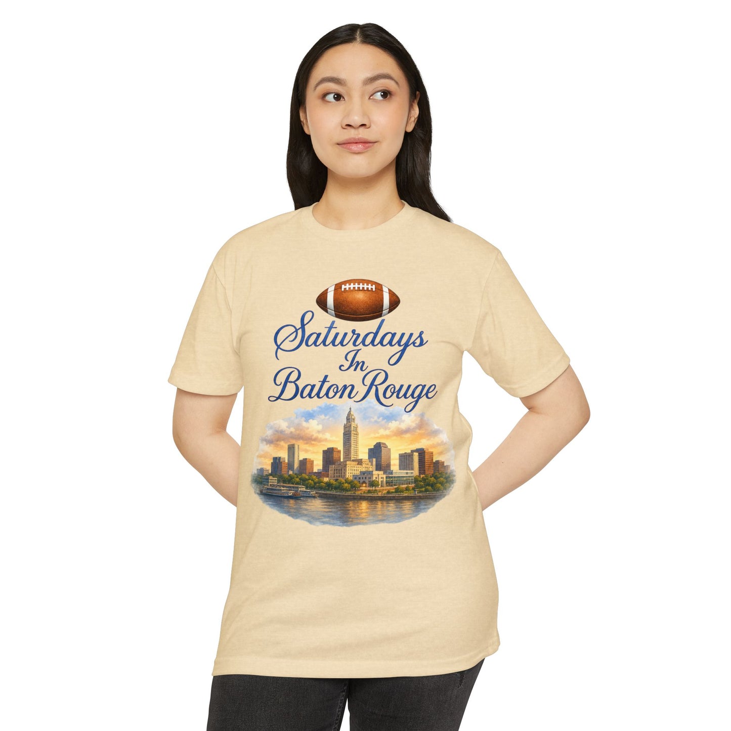 Saturdays in Baton Rouge Football T‑Shirt — City Skyline Game Day Tee