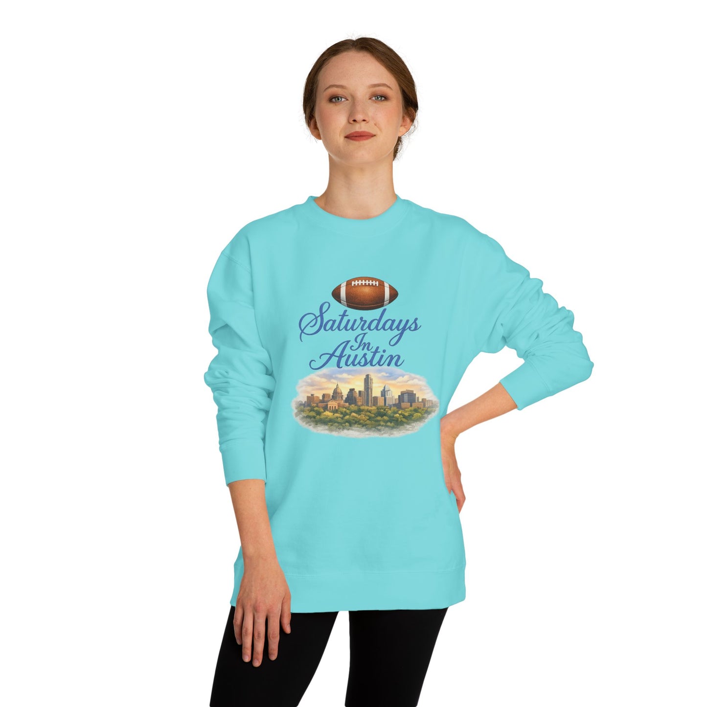 Saturdays in Austin Crewneck Sweatshirt — Floral Football City Skyline Design