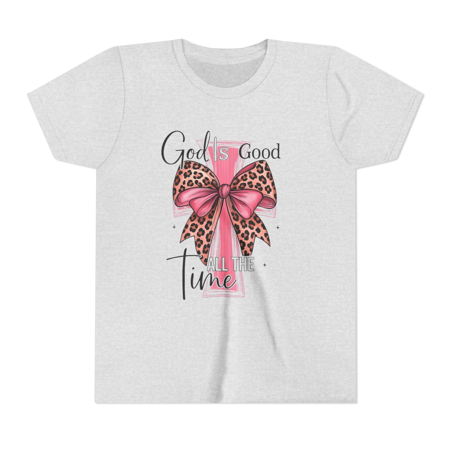 Youth Tee — "God is Good All the Time" Pink Cross with Leopard Bow