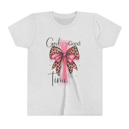 Youth Tee — "God is Good All the Time" Pink Cross with Leopard Bow