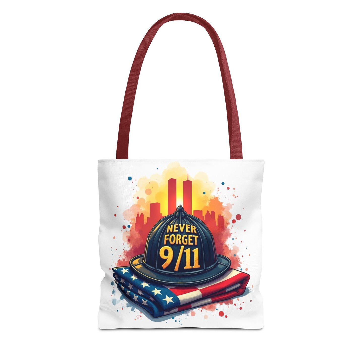 Never Forget 9/11 Memorial Tote Bag — Firefighter Helmet & Flag Tribute