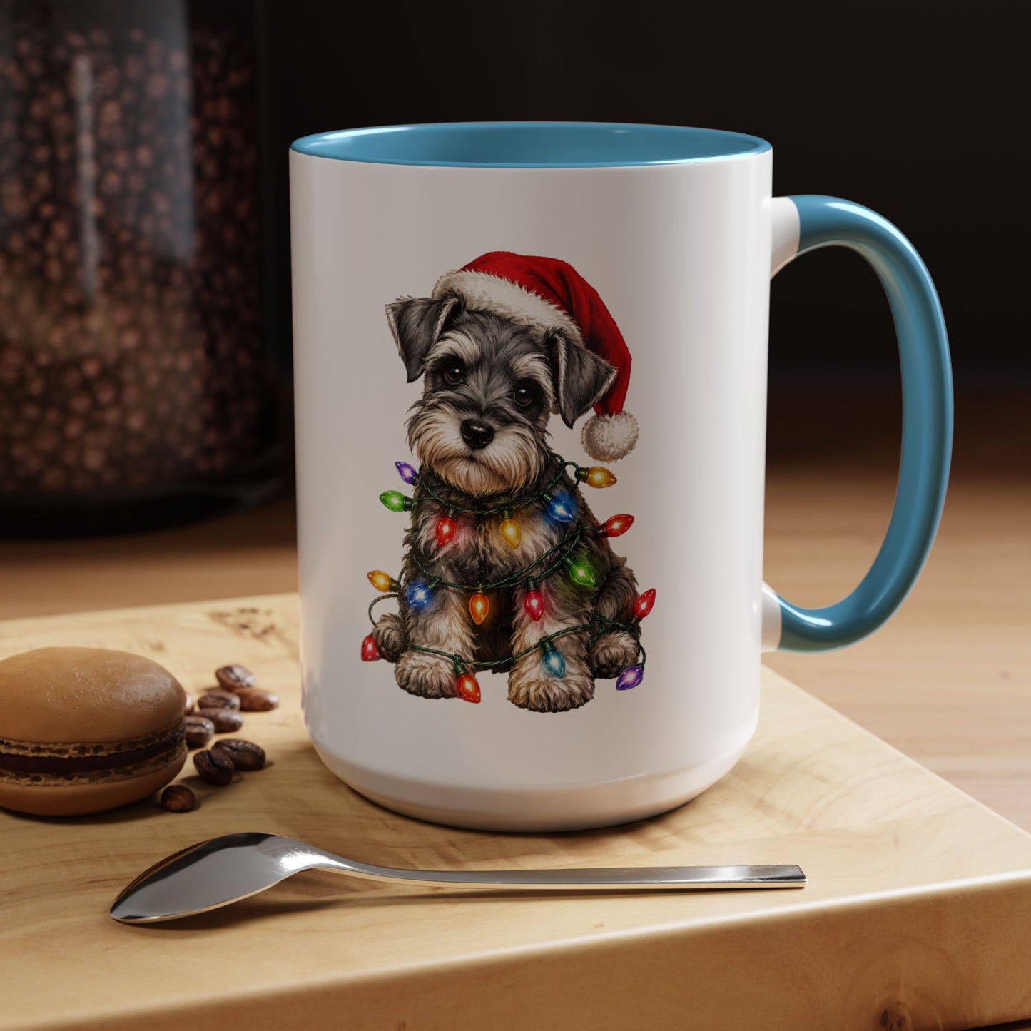 Christmas Puppy Coffee Mug — Schnauzer in Santa Hat with Holiday Lights (11/15oz)