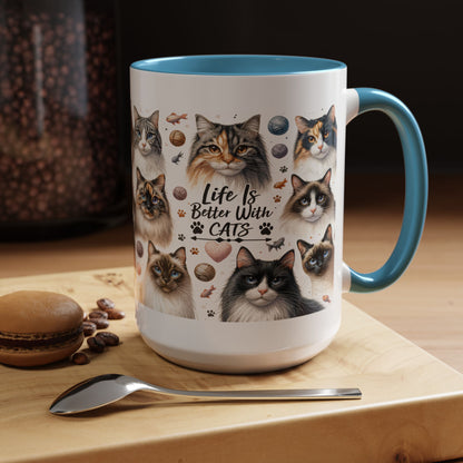 Life Is Better With Cats Accent Coffee Mug — Cat Lover Ceramic Mug (11/15oz)