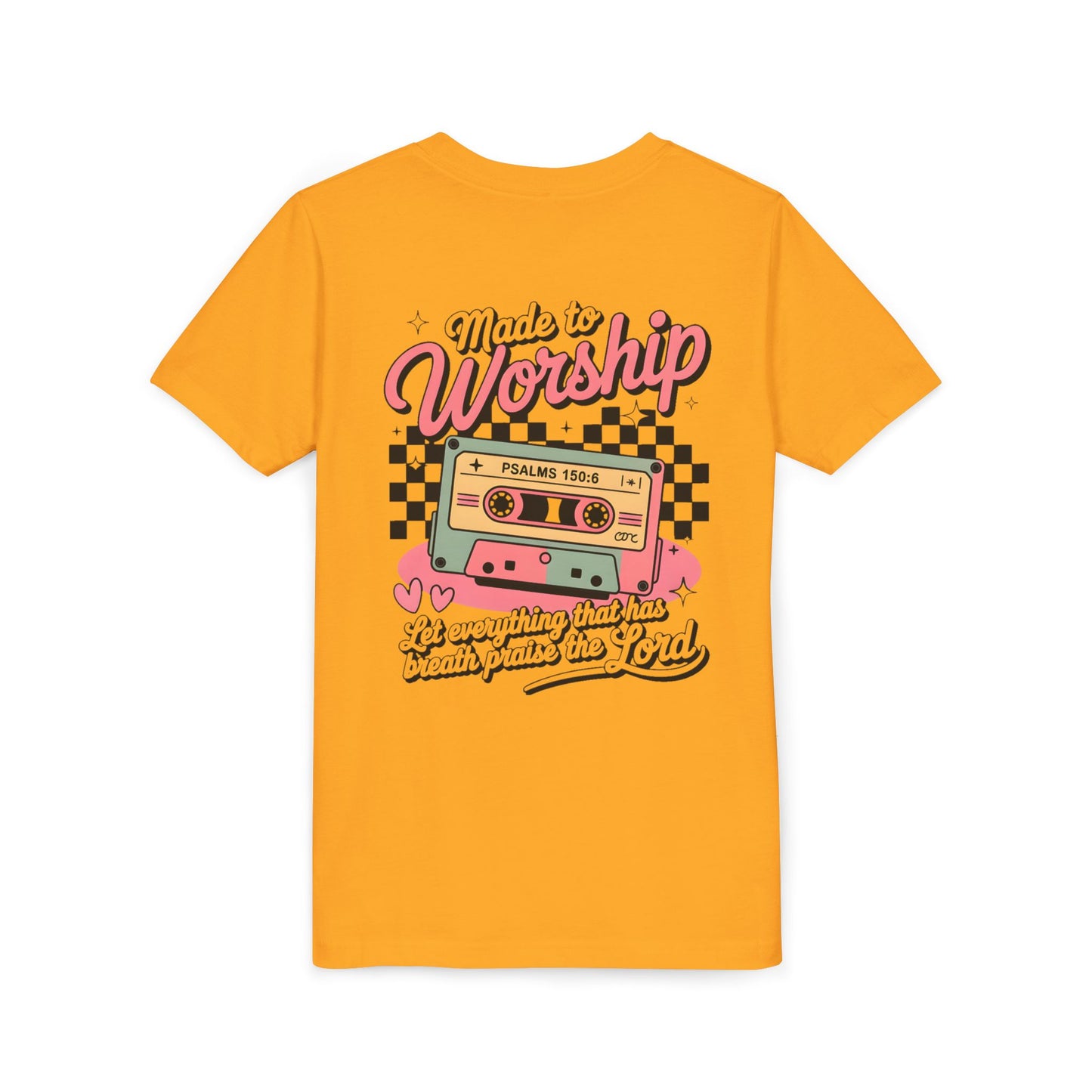 Made to Worship Youth Tee – Retro Cassette Christian Kids Shirt (Psalms 100:4)