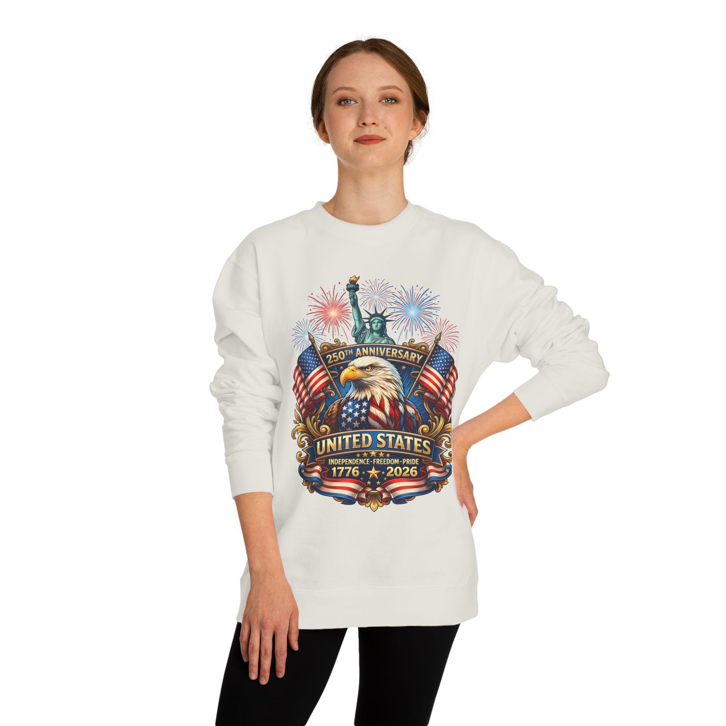 250th Anniversary United States Sweatshirt — Patriotic Eagle, Flags & Fireworks (1776–2026)
