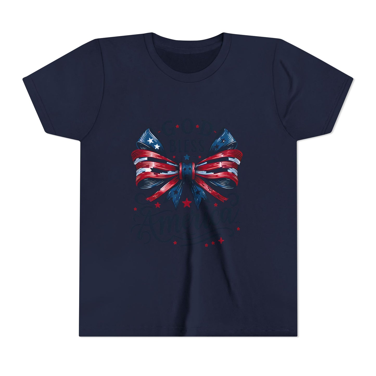 Youth Tee — "God Bless America" Patriotic Bow T-Shirt (4th of July, Memorial Day)