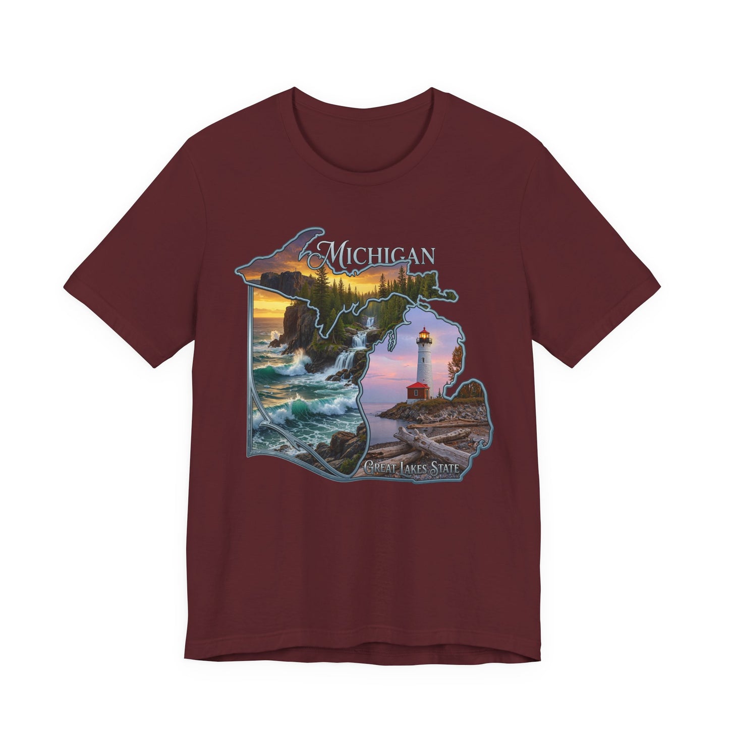 Michigan Scenic Map T-Shirt — Great Lakes Lighthouse Sunset Tee