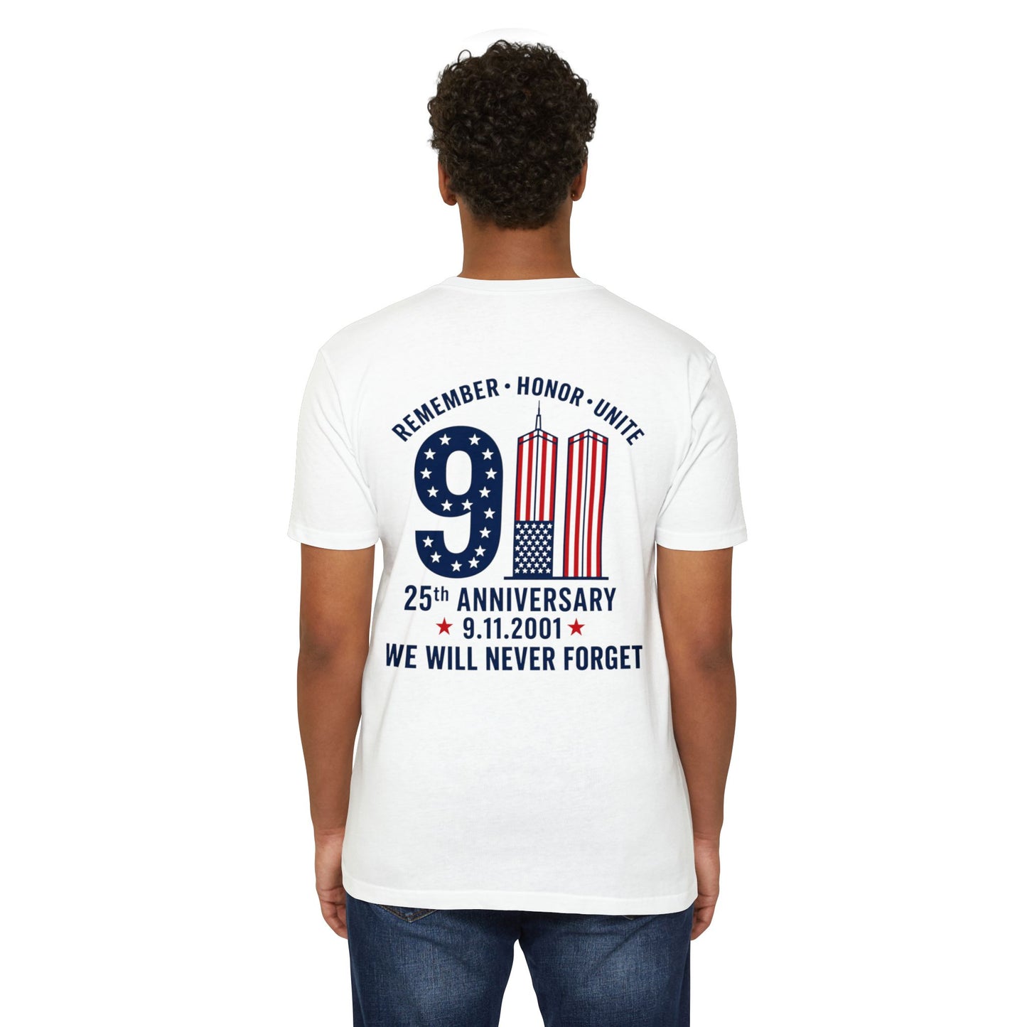 9/11 Memorial T-Shirt – "Remember Honor Unite" 25th Anniversary We Will Never Forget
