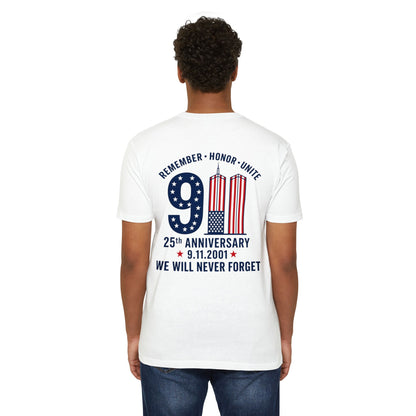 9/11 Memorial T-Shirt – "Remember Honor Unite" 25th Anniversary We Will Never Forget