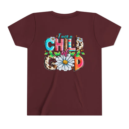 Youth Tee — "I Am a Child of God" Floral Christian Graphic