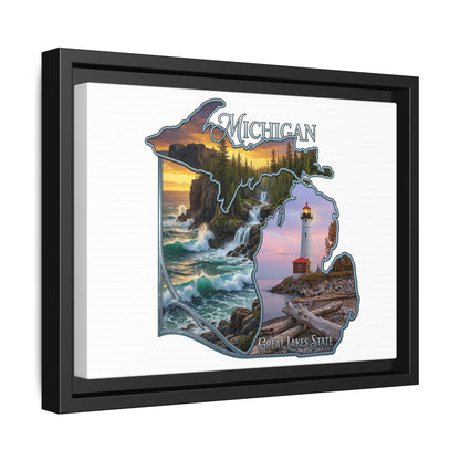 Michigan Framed Canvas Wall Art — Great Lakes State Lighthouse & Shoreline Print