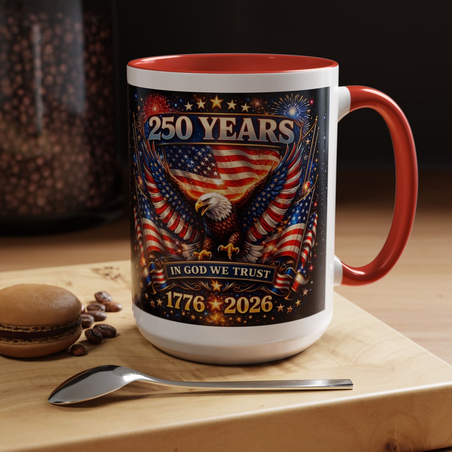 250 Years Patriotic Coffee Mug — In God We Trust 1776–2026