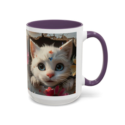Cute White Kitten Coffee Mug – Floral Accent 11/15oz