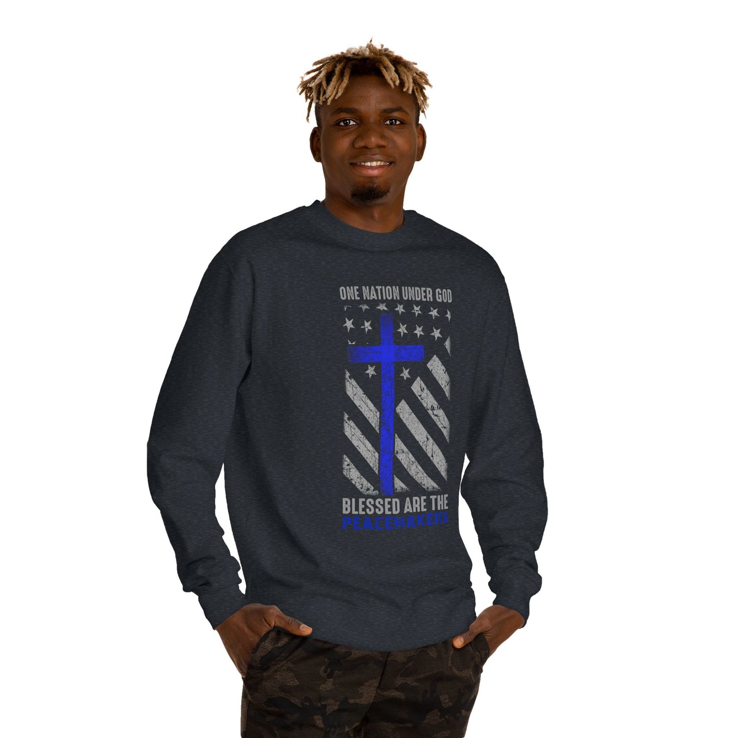 Blessed Are The Peacemakers Crewneck Sweatshirt — One Nation Under God Christian Flag Design