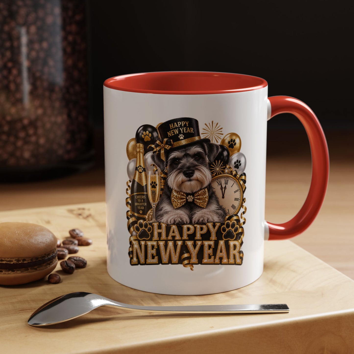 Happy New Year Dog Coffee Mug — Festive Black & Gold 11/15oz Accent Mug