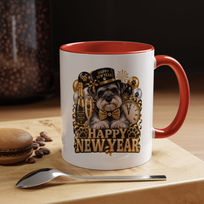 Happy New Year Dog Coffee Mug — Festive Black & Gold 11/15oz Accent Mug