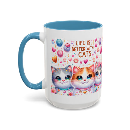 Cat Lover Accent Coffee Mug — "Life Is Better With Cats" Cute Kittens Design (11/15oz)