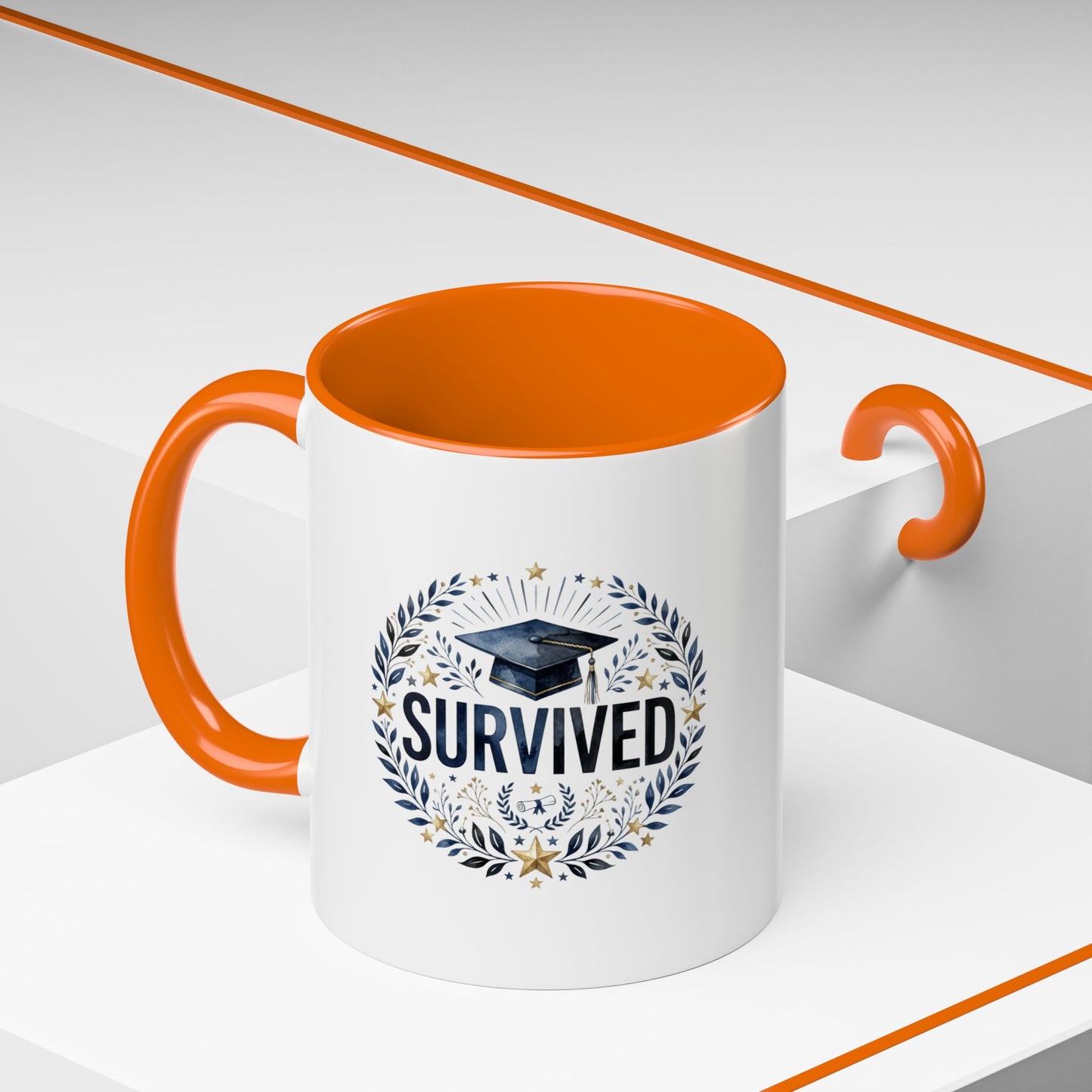 Survived Graduation Coffee Mug — Floral Laurel Grad Cap Accent Mug (11/15oz)