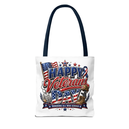 Veterans Day Tote Bag — "Happy Veterans Day" Patriotic All-Over Print
