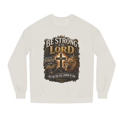 Christian Crewneck Sweatshirt — “Be Strong in the Lord” Cross & Lion Faith Pullover