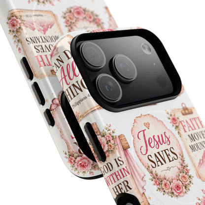 Christian Faith iPhone Tough Magnetic Case — 'Jesus Saves' Floral Scripture Design (Fear Not, Faith Moves Mountains)