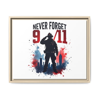 Never Forget 9/11 Framed Canvas Print — Patriotic Firefighter Memorial Art