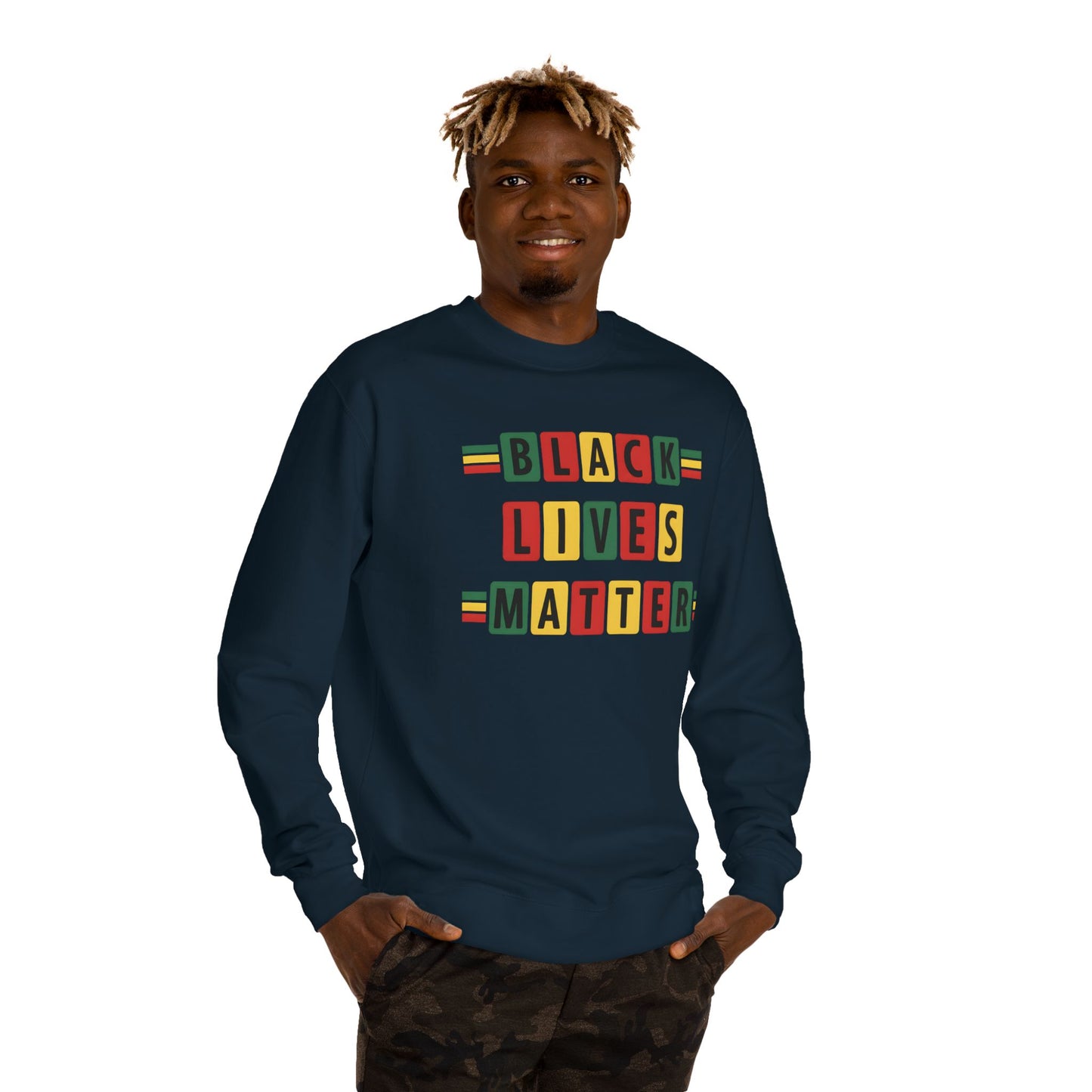 Black Lives Matter Crewneck Sweatshirt — Pan-African Block Letter Design