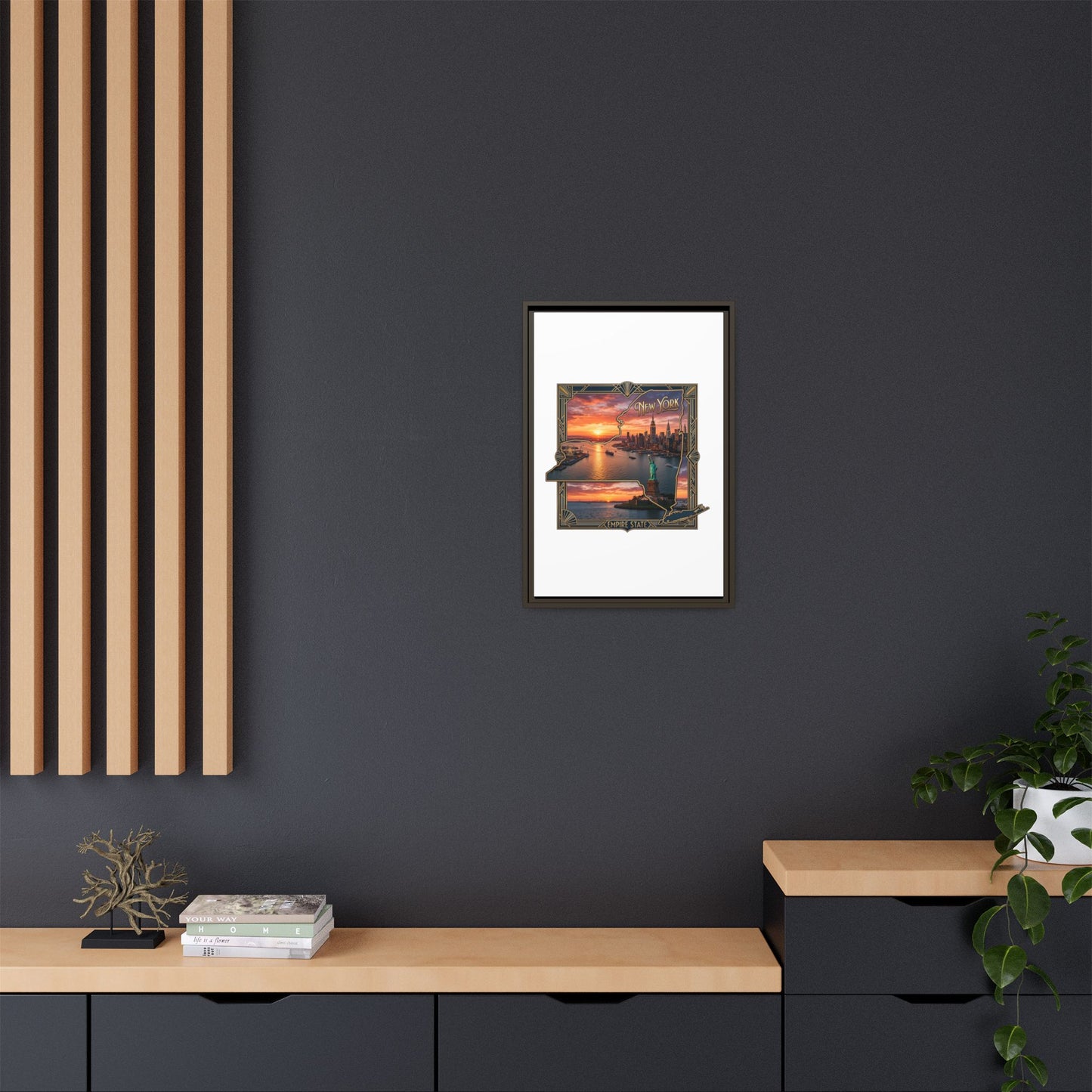 Framed Matte Canvas Wall Art — New York City Sunset Skyline with Statue of Liberty