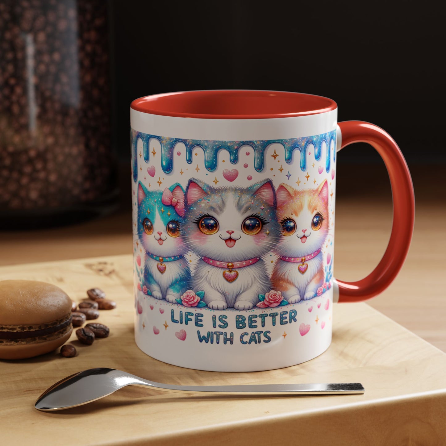 Life Is Better With Cats Accent Coffee Mug — Cute Pastel Kawaii Cat Trio (11/15oz)