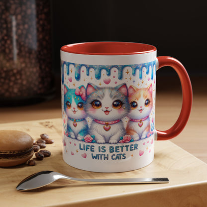 Life Is Better With Cats Accent Coffee Mug — Cute Pastel Kawaii Cat Trio (11/15oz)