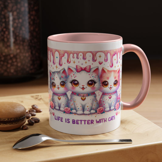 Cute Pastel Kawaii Cat Mug – "Life Is Better With Cats" Accent Coffee Cup (11/15 oz)