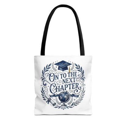 Graduation Tote Bag — "On to the Next Chapter" Cap & Globe Gift Tote