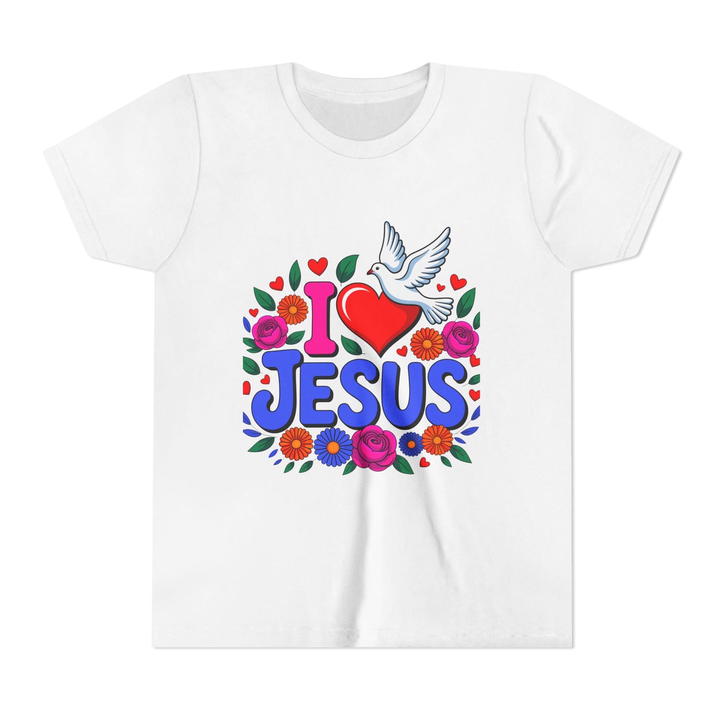 Youth Tee — "I  Jesus" Colorful Dove & Floral Christian Shirt