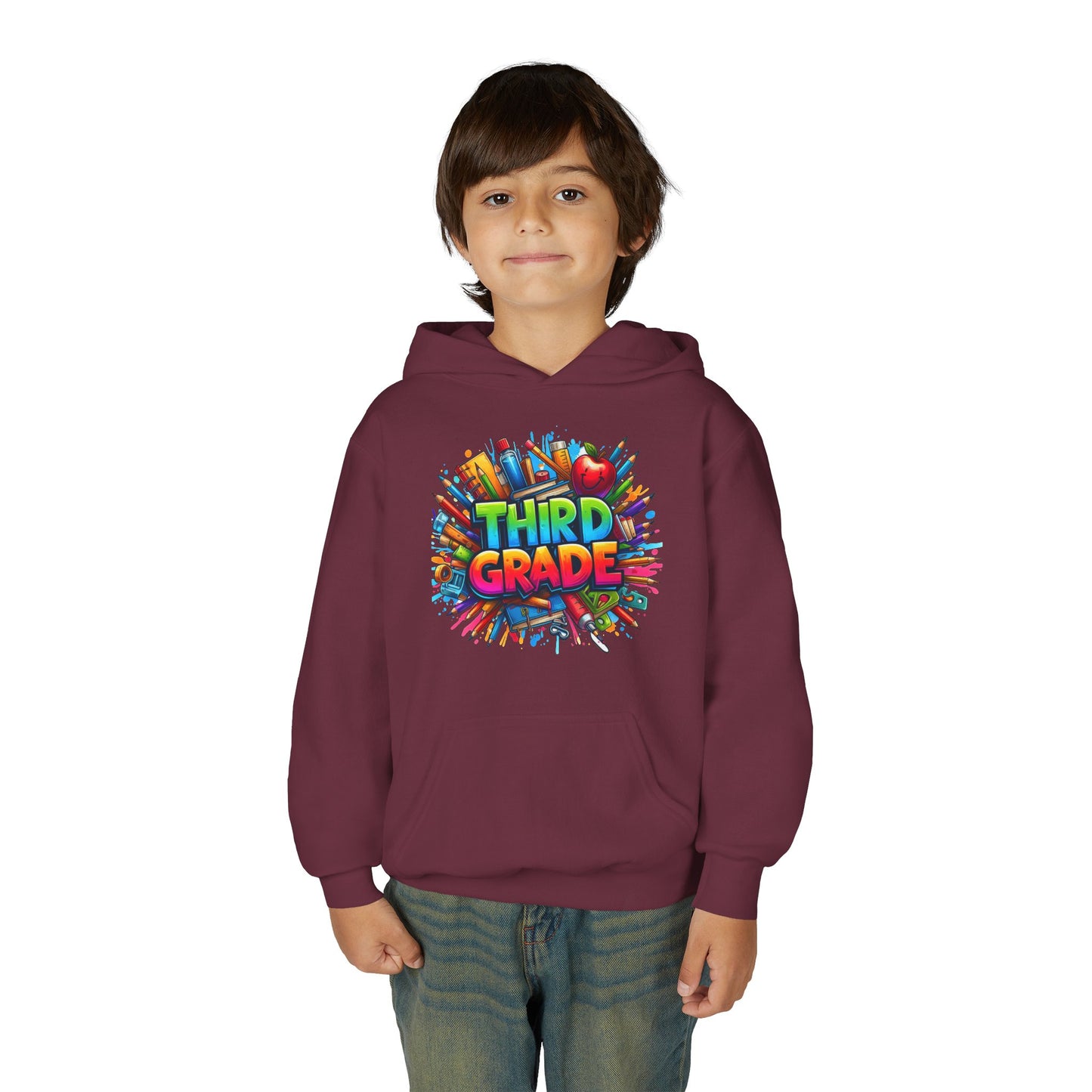 Third Grade Kids Hoodie — Colorful School Supplies Back-to-School Sweatshirt