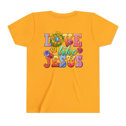 Youth Tee — "Love Like Jesus" Colorful Faith Graphic