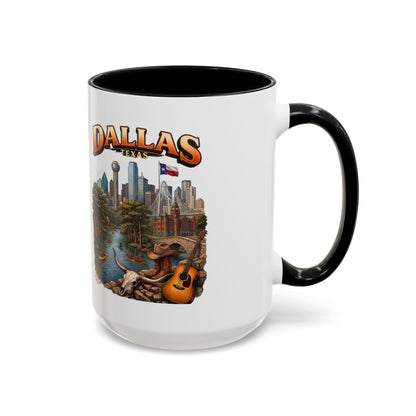 Dallas Skyline Accent Coffee Mug — Texas Souvenir Mug with Guitar & Cityscape