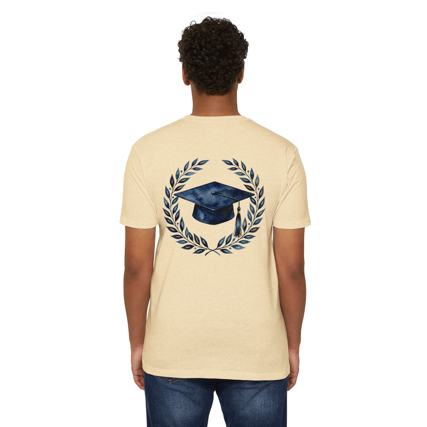 Graduation Cap Laurel T-Shirt — Navy Watercolor Grad Tee